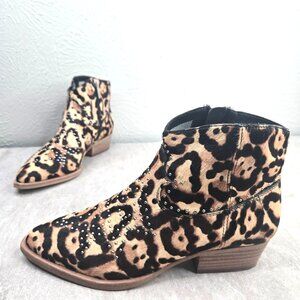 Gianni Bini Western Ankle Booties Fur Leopard Studded Low Heel Pointed Boots 8.5